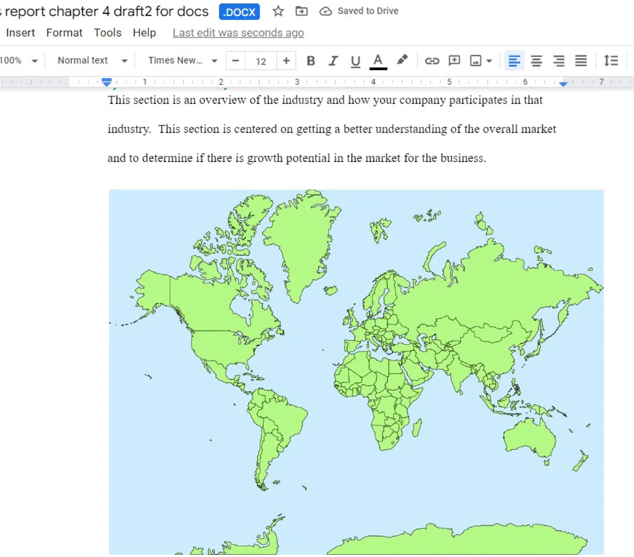 In the Google Doc, an image of the world map selected is visible in the document right after a paragraph.