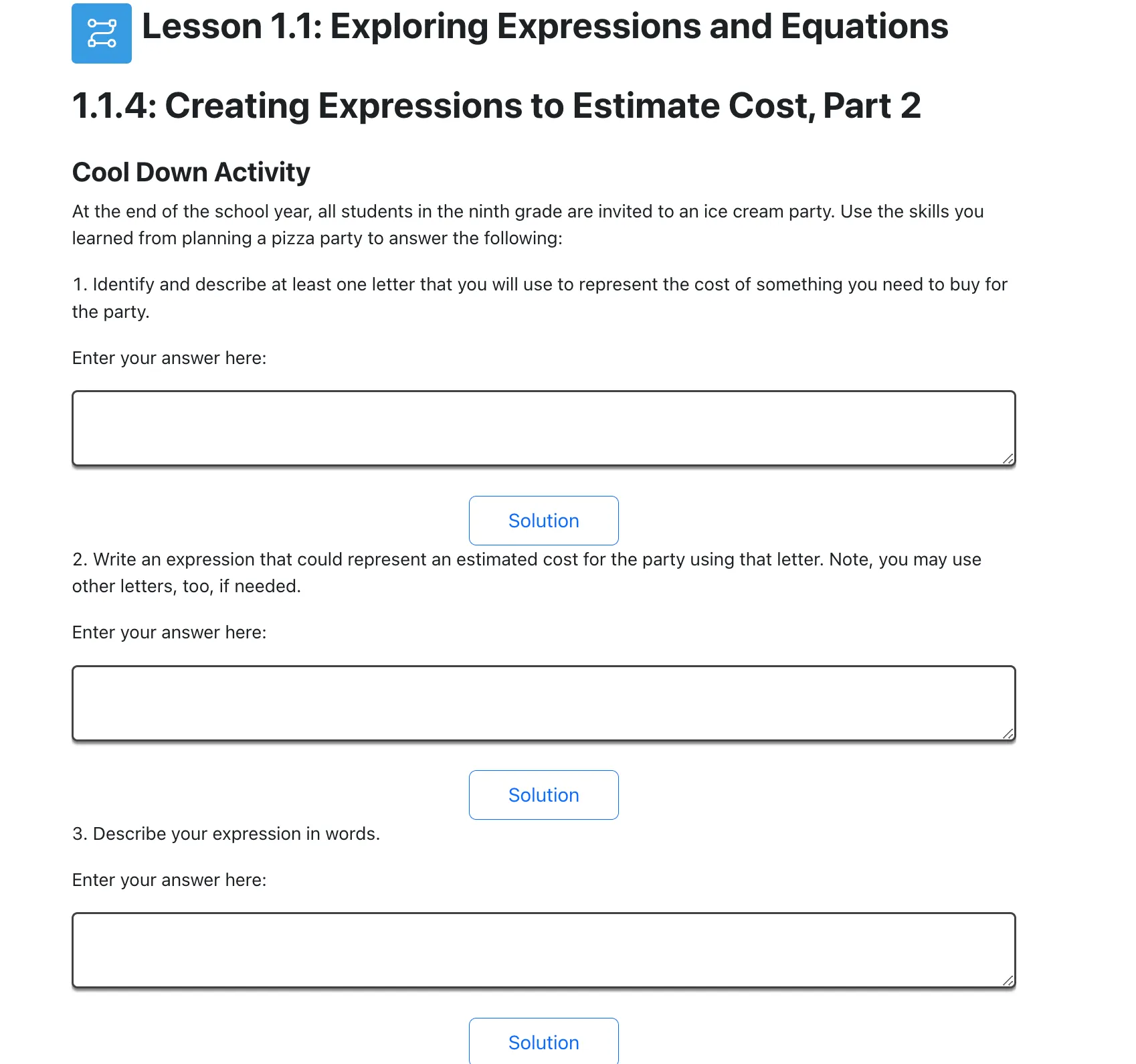 A screenshot from the curriculum showing the cool down for a lesson where students are asked to plan an ice cream party. The students are encouraged to use the skills they learned in previous activities where they planned a pizza party.