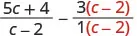 A mathematical expression displaying the subtraction of two algebraic fractions. The first term is (5c+4)/(c-2), and the second term is 3(c-2) over 1(c-2), with factors in red.