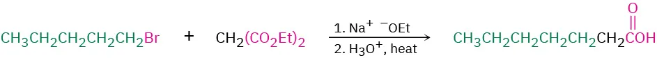 1-Bromopentane and diethyl malonate react with sodium ethoxide in the first step and on heating with acid in the second step to yield 1-heptanoic acid.
