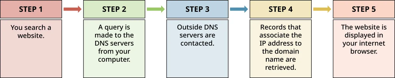 Steps aligning correct IP address to URL: Search website; Query made to DNS servers from computer; Outside DNS servers contacted; Records associating IP address to domain retrieved; Website displayed in browser.
