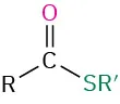 The structure of a thioester where an R group is attached to a carbonyl group which in turn is attached to an S R dash group.