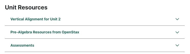A screenshot from the curriculum showing a section of the teacher overview page titled Unit Resources. The items listed include "Vertical Alignment for Unit 2," "Pre-Algebra Resources from OpenStax," and "Assessments."