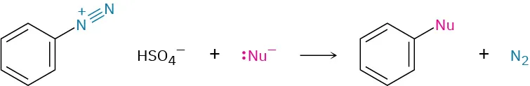 The arenediazonium salt reacts with H S O 4 minus and nucleophile to form a benzene substituted with a nucleophile and nitrogen as the product.