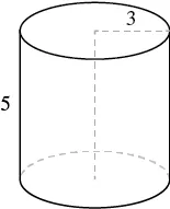 A simple black and white line drawing of a cylinder with its dimensions labeled: a radius of 3 units and a height of 5 units.