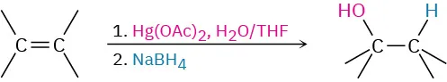 Alkene reacts with mercury (II) acetate, water in tetrahydrofuran in first step, and sodium borohydride in second step to form a product, in which C1 is bonded to hydroxyl group.