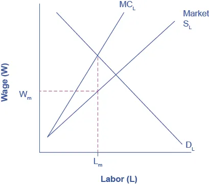  The x-axis is Labor, and the y-axis is Wages.  There are three curves.  The curve representing typical market supply for labor slopes upward from the bottom left to the top right.  The curve representing the marginal cost of hiring additional workers also, slopes from the bottom left to the top right, but it is steeper, and therefore always above the regular market supply curve.   The third curve is the labor demand, sloping from the top left to the bottom right.  Graphically, we can draw a vertical line up from Lm to the Supply Curve for label and then read the wage Wm off the vertical axis to the left.