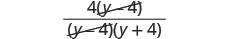 A mathematical expression showing the fraction 4(y-4) over (y-4)(y+4), with the common factor (y-4) in both the numerator and denominator crossed out, indicating cancellation.