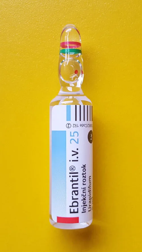 A photograph shows a glass ampule labeled Ebrantil.