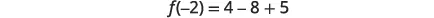 A mathematical equation is displayed on a white background, reading 'f(-2) = 4 - 8 + 5' in black text.