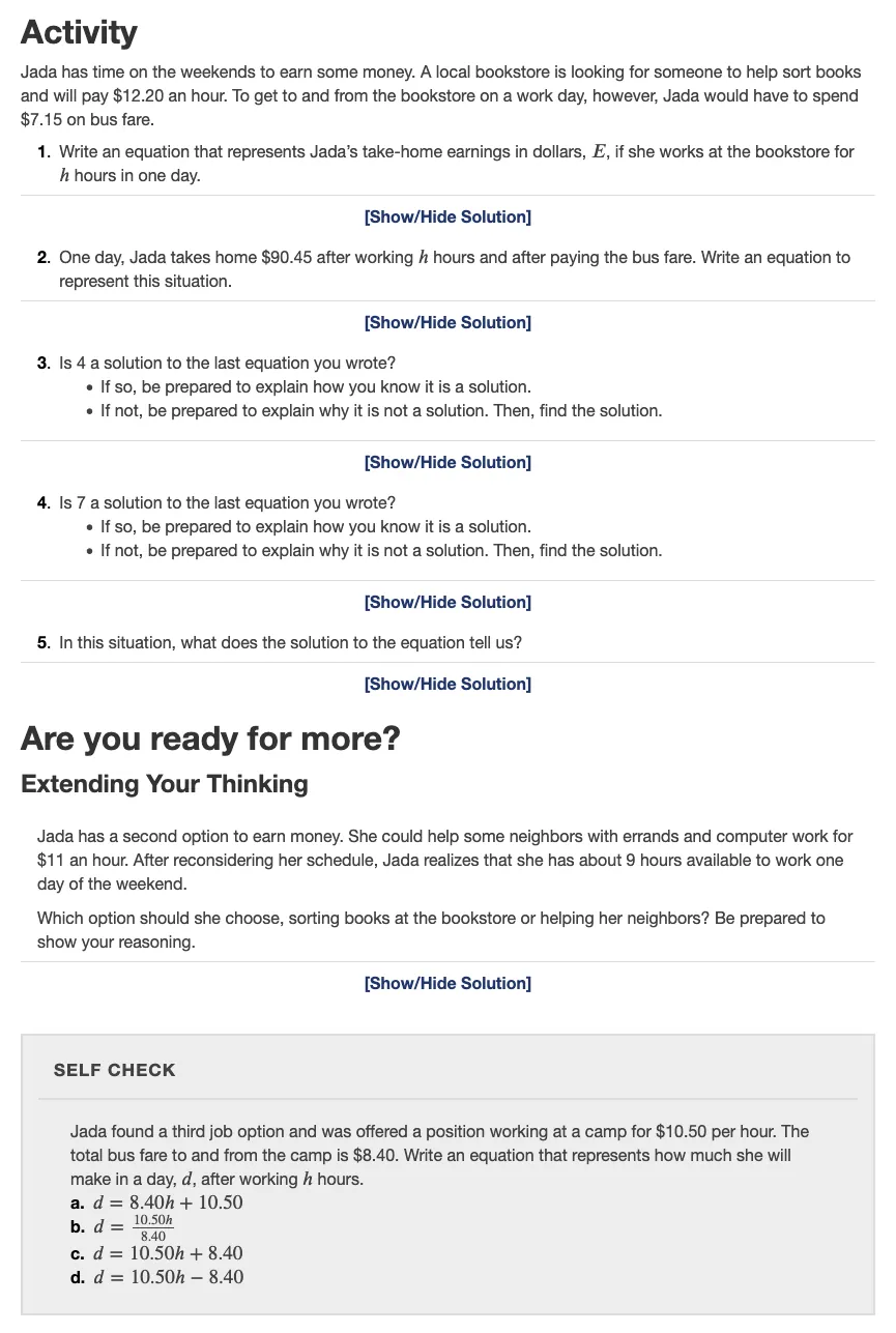 A screenshot of an activity page shows that a student page has an activity portion that contains questions where students can check their answers and an extension question. The end of this section consists of a multiple choice self check question that is contained in a gray box.