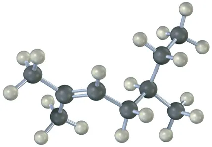 The ball-and-stick model has a 7-carbon chain. C2 is bonded to a methyl group and double bonded to C3. C5 is bonded to a methyl group.