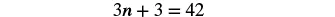 A mathematical equation is displayed on a white background, reading '3n + 3 = 42'.