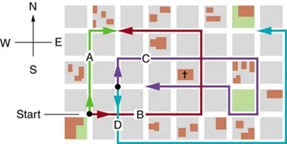 A map of city is shown. The houses are in form of square blocks of side one hundred and twenty meters each. The path of A extends to three blocks towards north and then one block towards east. It is asked to find out the total distance traveled the magnitude and the direction of the displacement from start to finish.