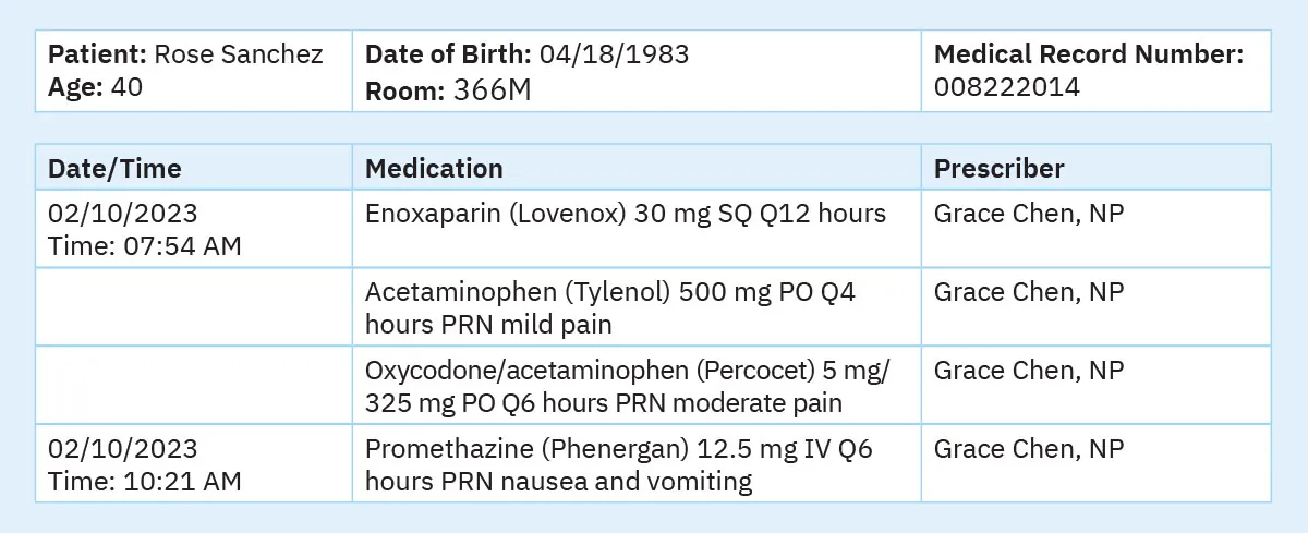A snapshot of a medication order with patient name and age, date of birth and room number, and medical record number. Also included is the date and time of medication dispensed as well as the names of the medications and the name of the prescriber.