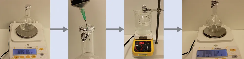 This figure shows four photos each connected by a right-facing arrow. The first photo shows a glass flask with aluminum foil covering the top sitting on a scale. The second photo shows a syringe being inserted into the flask through the aluminum foil covering. The third photo shows the glass flask being inserted into a beaker of water. The water appears to be heated at 100. The fourth photo shows the glass flask being weighed again.
