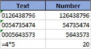 Spreadsheet displays Text and Number columns filled with various numbers in both. Last cell in Text column displays =4*5 and last cell in Number column displays 20.