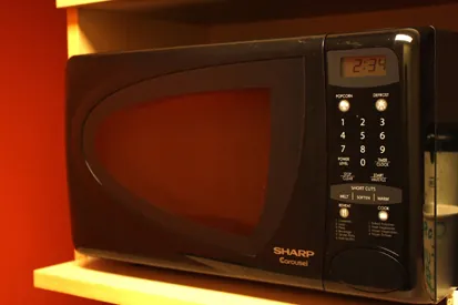 A microwave oven is shown with some food on the nonmetal plate inside it.
