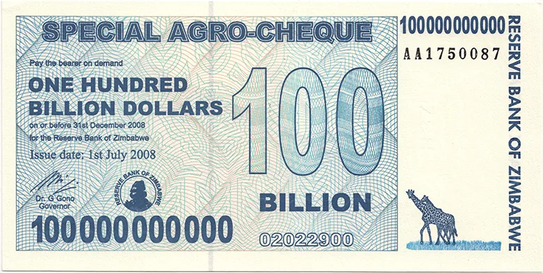 The image shows a photograph of Zimbabwean currency.