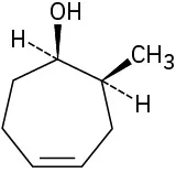 Seven-membered ring with hydroxyl (wedge) and hydrogen (dash) on a carbon, methyl (wedge) and hydrogen (dash) on clockwise adjacent carbon, and double bond starting two carbons further clockwise.