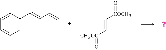 Benzene bonded to 4-carbon chain containing double bonds at C 1 an C 3  reacts with a four-carbon chain with a double bond between C 2 and C 3 and where C1 and C4 are carbonyl groups also bound to methoxy griups. Question mark represents the product.