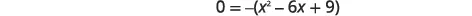 The image shows the mathematical equation '0 = -(x^2 - 6x + 9)' centered on a white background, representing an algebraic expression likely for solving for x.