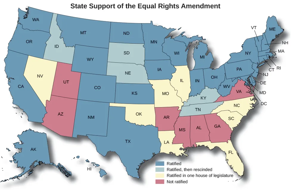 A map of the United States titled “State Support of the Equal Rights Amendment”. States marked as “Ratified” are Washington, Oregon, California, Alaska, Hawaii, Montana, Wyoming, Colorado, New Mexico, North Dakota, Kansas, Texas, Minnesota, Iowa, Wisconsin, Michigan, Indiana, Ohio, West Virginia, Maryland, Pennsylvania, Delaware, New Jersey, New York, Connecticut, Rhode Island, Massachusetts, New Hampshire, Maine, and Vermont. States marked as “Ratified, then rescinded” are Idaho, South Dakota, Nebraska, Kentucky, and Tennessee. States marked as “Ratified in one house of legislature” are Nevada, Oklahoma, Missouri, Illinois, Louisiana, Florida, South Carolina, and North Carolina. States marked as “Not ratified” are Utah, Arizona, Arkansas, Mississippi, Alabama, Georgia, and Virginia.