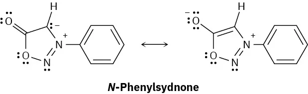 Two interconvertible structures of N-phenylsydnone. In both structures, the nitrogen atom bonded to the benzene ring has a positive charge.