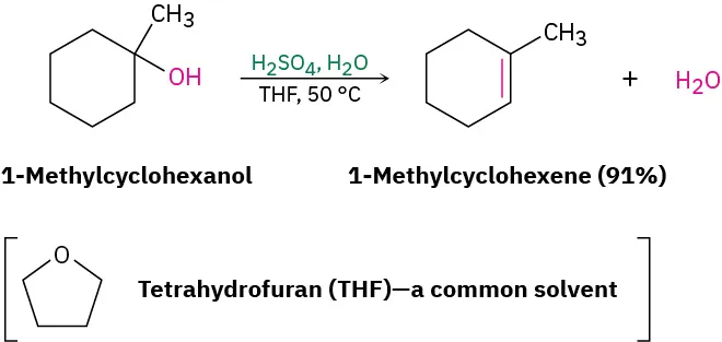 In a reaction, 1-methylcyclohexanol reacts with sulfuric acid in the presence of water, tetrahydrofuran (a common solvent) at 50 degrees Celsius to form 1-methylcyclohexene (91 percent yield) and water.
