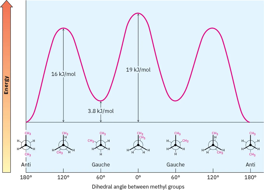 A graph of potential energy versus dihedral angle between methyl groups, in butane. The curve indicates a trough at an energy of 3.8 kilojoules per mole.
