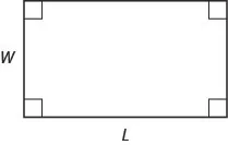Image shows a rectangle. All four angles are marked as right angles. The longer, horizontal side is labeled L and the shorter, vertical side is labeled w.