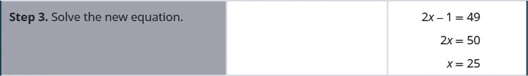 The third row then says, “Step 3. Solve the new equation.” It indicates that 2x minus 1 equals 49 or 2x equals 50 which means that x equals 25.