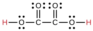 Lewis structure of oxalic acid, showing two hydroxyl groups and two carbonyl groups. The molecule has a chemical formula of H2C2O4.