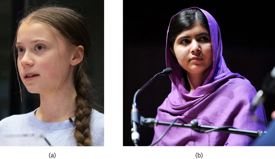 Photos of (a) Greta Thunberg and (b) Malala Yousafzai.