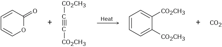 When heated, a 6-membered ring made of one oxygen and five carbon atoms with two double bonds and a carbonyl group at position 2 reacts with an alkyne, forming a benzene ring and carbon dioxide..
