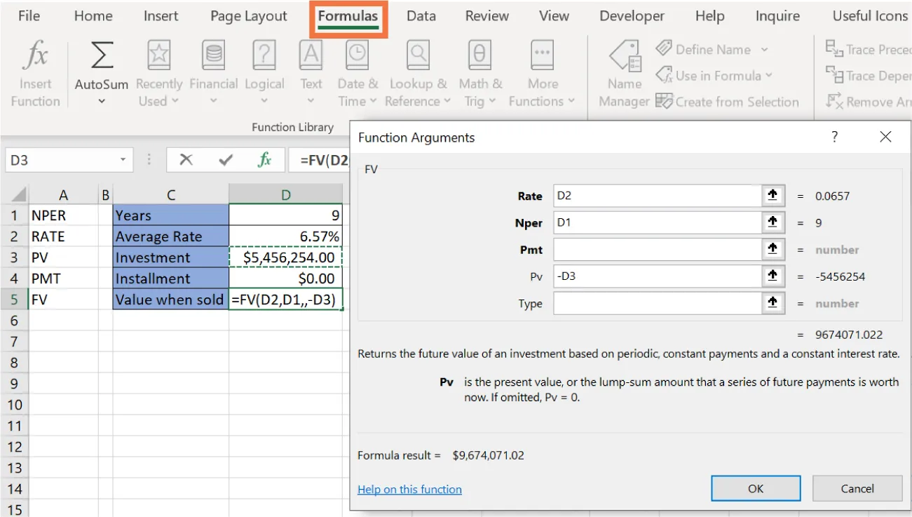 Function Arguments pane displays FV options: Rate (D2 = 0.0657), Nper (D1 = 9), Pmt, Pv (-D3 = -5456254), Type. Formula result = $9,674,071.02 is in left corner. Spreadsheet visible in background.