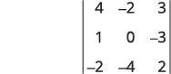 A 3x3 matrix is shown. The first row contains the elements 4, -2, and 3. The second row contains 1, 0, and -3. The third row contains -2, -4, and 2.