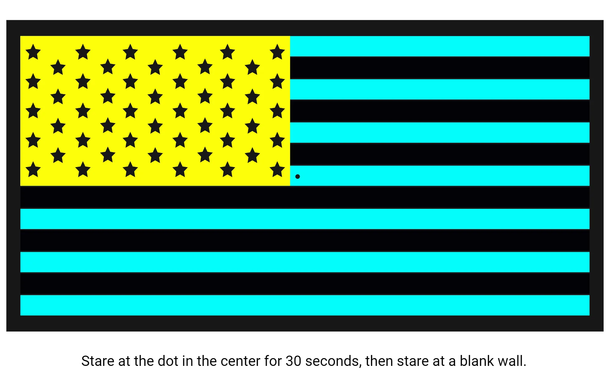 Illustration of a American flag but the stripes are cyan and black and the stars are black on a yellow background. The text says “Stare at the dot in the center for 30 seconds, then stare at a blank wall.