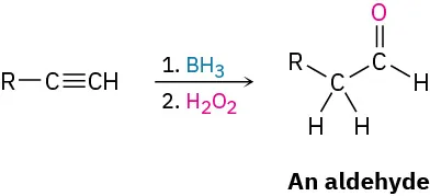 Alkyne reacts with borane and hydrogen peroxide undergoing hydroboration–oxidation to form an aldehyde.