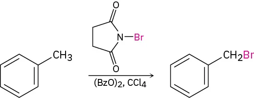 In C C l 4, toluene reacts with N-bromosuccinimide in the presence of benzyl peroxide to form benzene bonded toa C h 2 B r group.