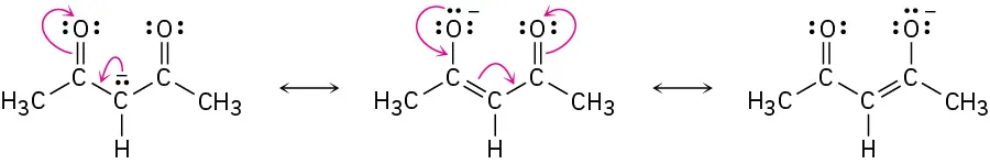 Three resonance forms of 2,4-pentanedione, separated by two double-headed arrows.