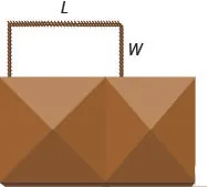 A brown faceted block or bag with a U-shaped wire handle above it, marked with length L and width W dimensions.
