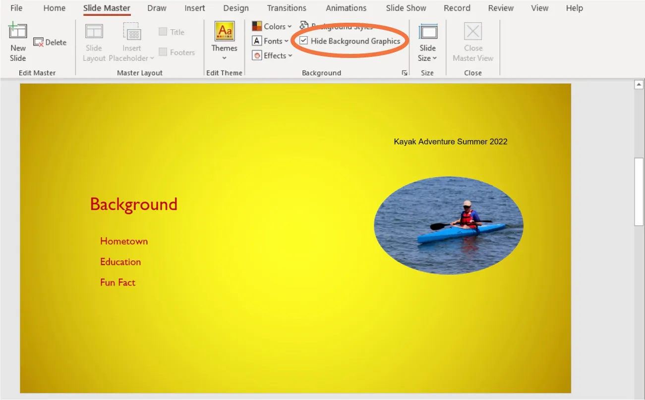 A PowerPoint screen is open with the Hide Background Graphics option selected.