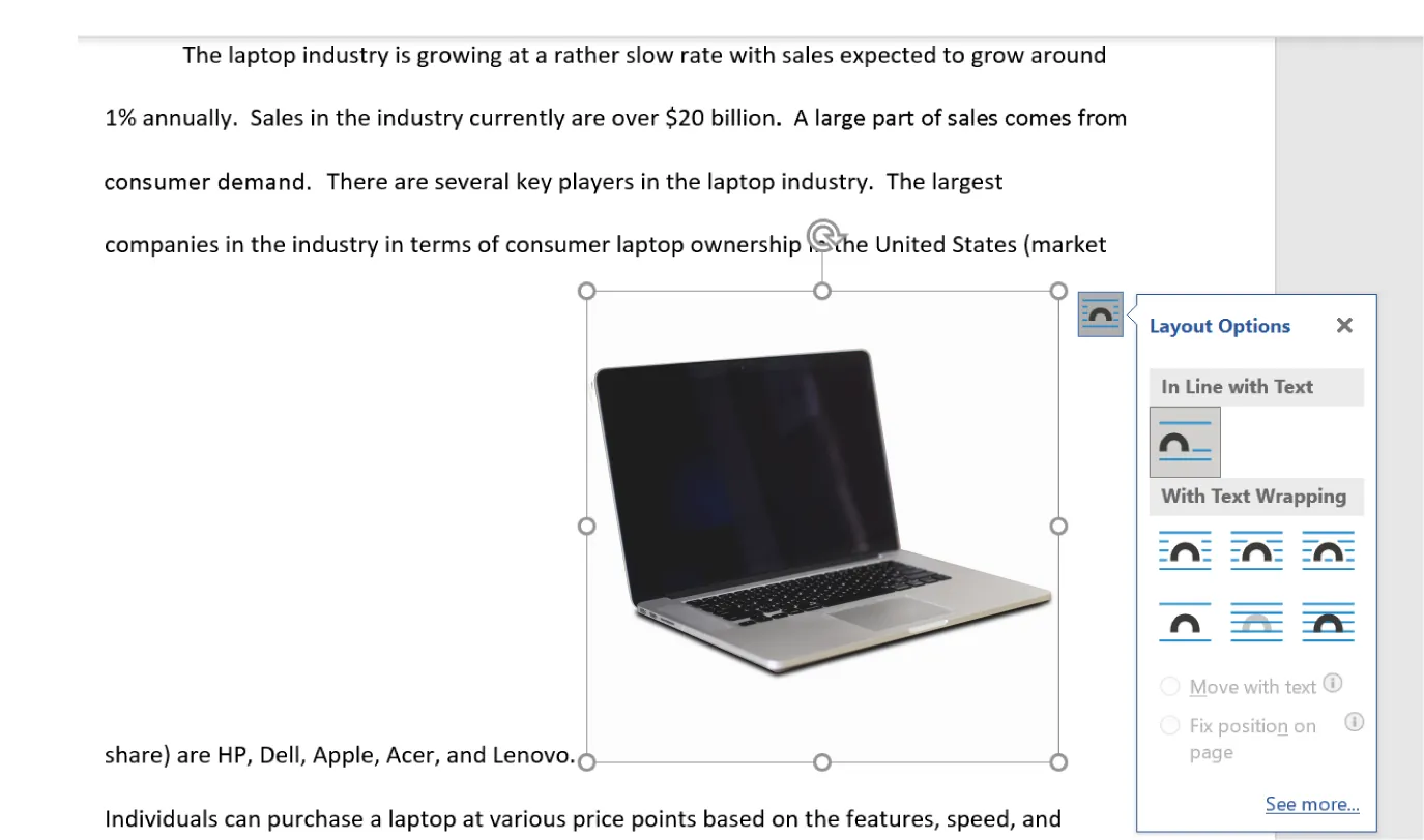 Image of a laptop is inserted at end of sentence. Layout Options pane displays options (with images): In Line with Text, With Text Wrapping, Move with text, and Fix position on page.