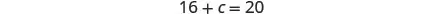 A simple algebraic equation is displayed, reading '16 + c = 20'. The numbers and the variable 'c' are written in a clear, dark font against a white background.