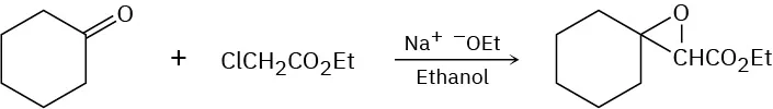 The reaction shows cyclohexanone and ethyl chloroacetate using sodium ethoxide and ethanol, forming an epoxy ester product. The epoxy ring is attached to the first carbon of the cyclohexane ring.