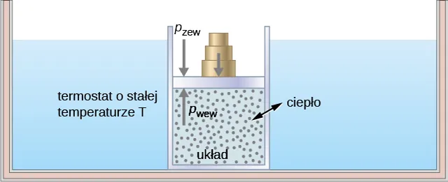 Rysunek przedstawia odizolowany zbiornik wypełniony płynem. Na płynie tym znajduje sie napis termostat o stałej temperaturze T. Wewnątrz termostatu znajduje się mniejszy zbiornik wypełniony gazem. Mniejszy zbiornik jest przykryty od góry tłokiem, na którym stoją obciążniki. Wnętrze mniejszego zbiornika jest układem. Strzałka z grotami na obu końcach przecinająca ścianę mniejszego zbiornika, podpisana jako ciepło, wskazuje, że ciepło może przepływać pomiędzy termostatem a układem. Strzałka zwrócona w górę wewnątrz układu wskazuje na dół tłoka i jest oznaczona jako p wew. Strzałka zwrócona w dół będąca na zewnątrz układu wskazuje na górę tłoka i jest oznaczona jako p zew. Druga strzałka wskazuje na górę tłoka, gdzie leżą obciążniki.