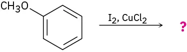 Benzene bonded to a methoxy group reacts with iodine in the presence of copper (2) chloride to form unknown product(s), depicted by a question mark.