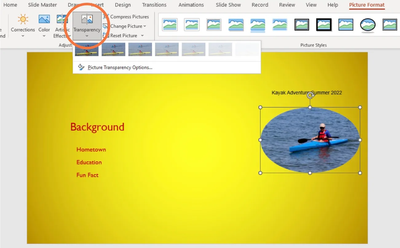A PowerPoint screen is open with the Transparency option selected.