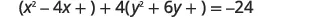 An algebraic equation showing a step in completing the square: (x^2 - 4x + ) + 4(y^2 + 6y + ) = -24. This form is used to identify properties of conic sections.